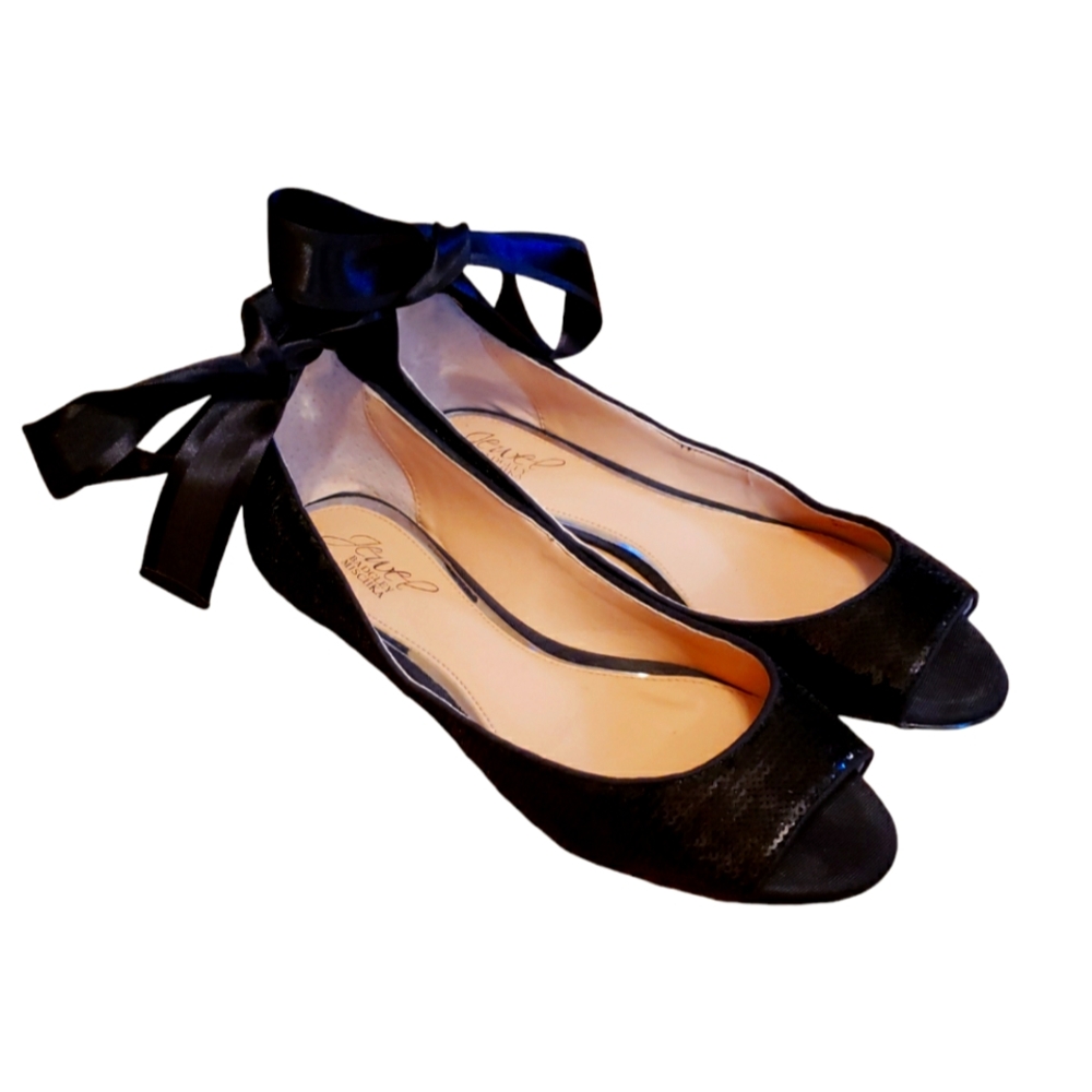 Jewel Badgley Mischka Black Sequin Open Toe Flats with Satin Bow Size 7